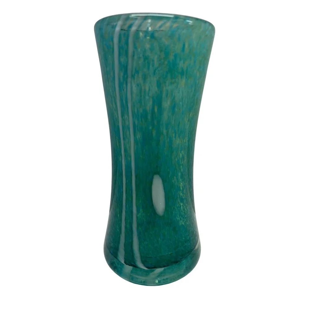 Hand Blown Art Glass Vase Mottled Aqua White Overlays Stretched Tapered Heavy